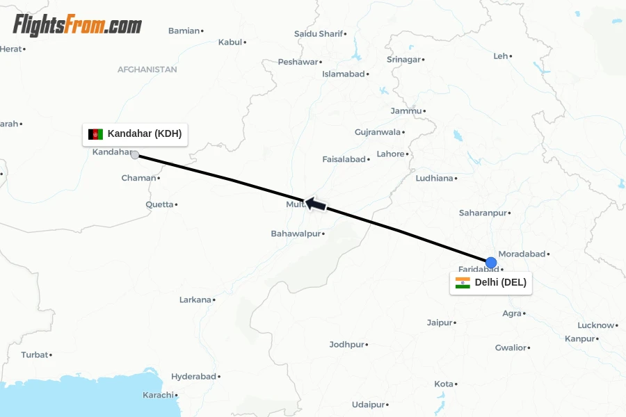 Flights from Delhi to Kandahar route map