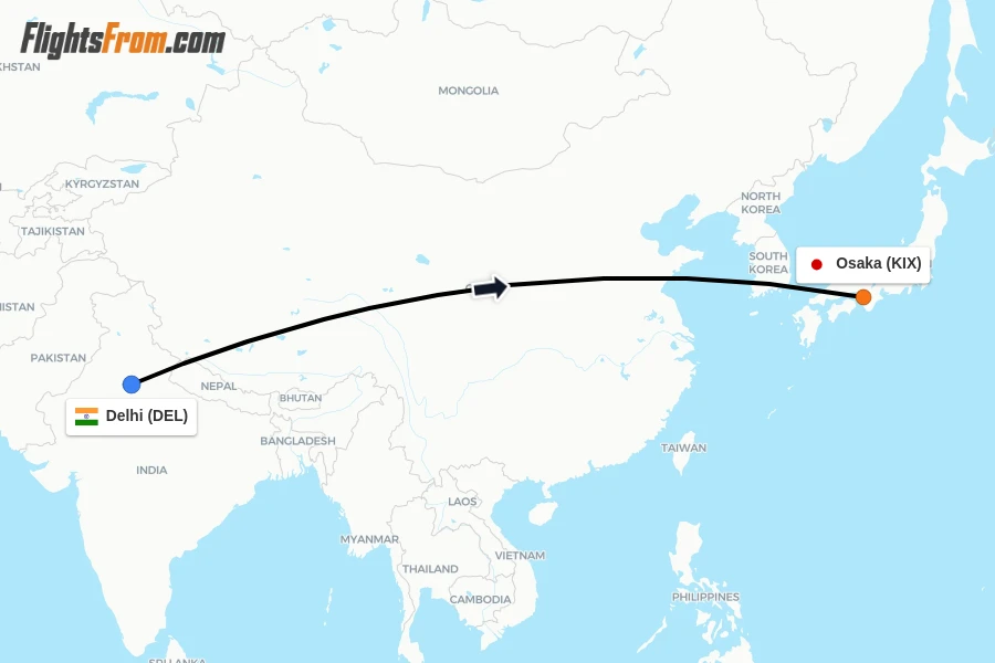 Flights from Delhi to Osaka route map