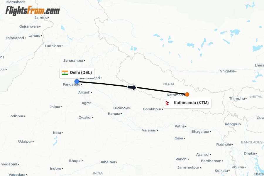 Flights from Delhi to Kathmandu route map