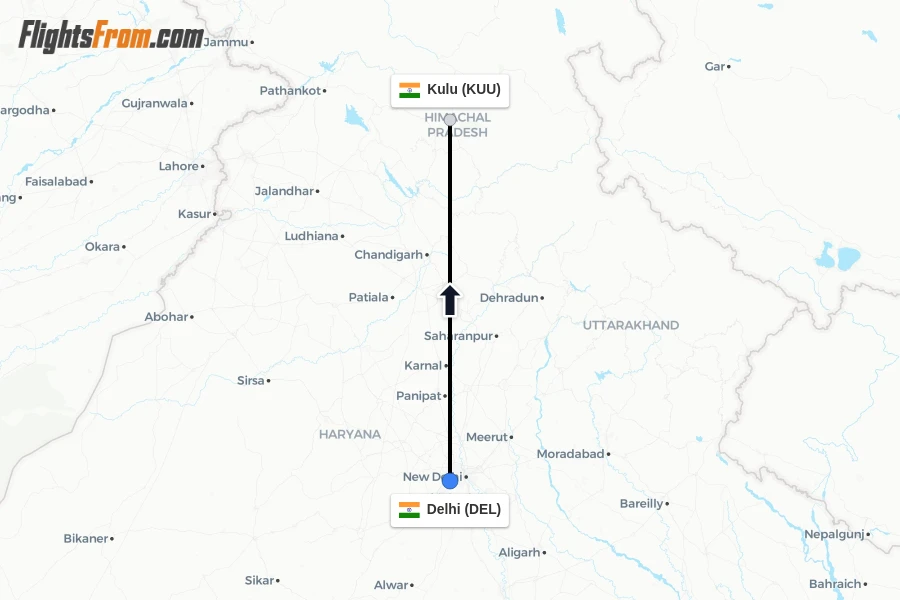 Flights from Delhi to Kulu route map