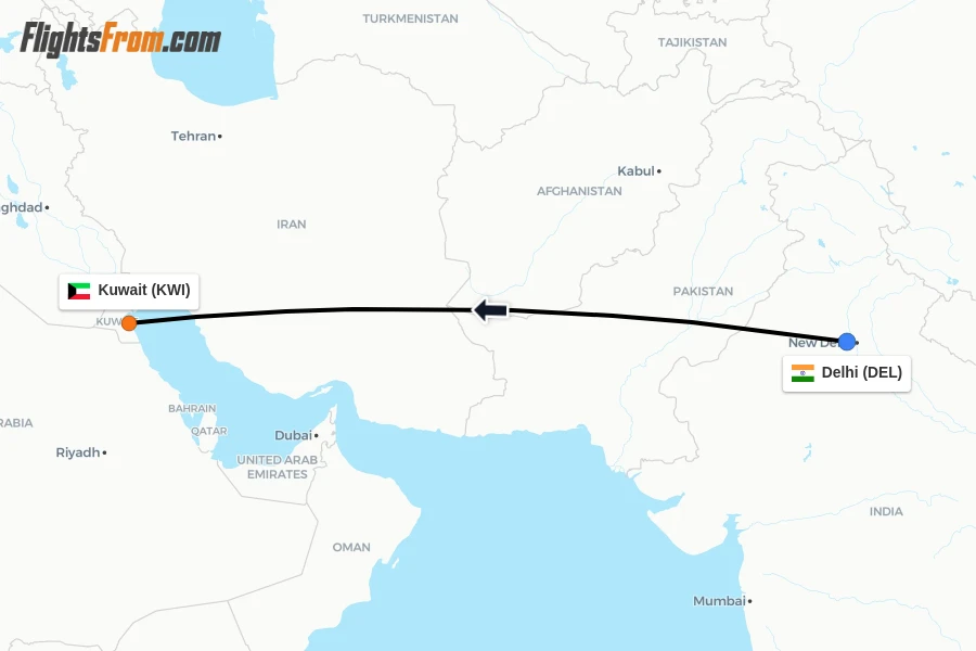 Flights from Delhi to Kuwait route map