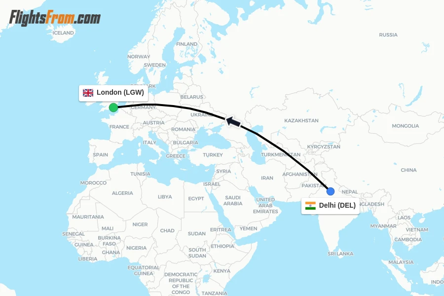 Flights from Delhi to London route map