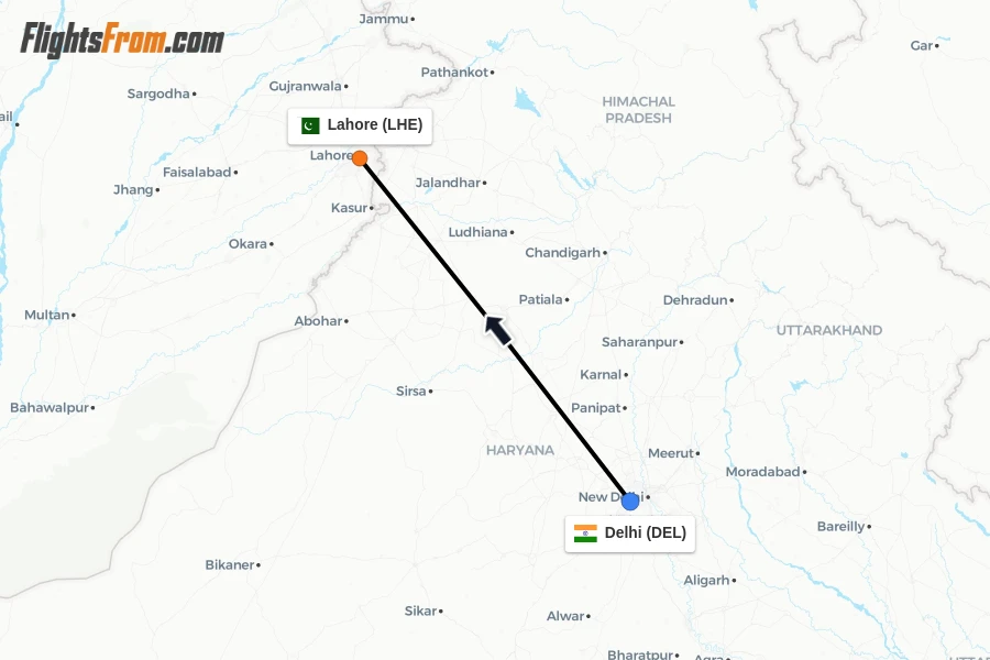 Flights from Delhi to Lahore route map