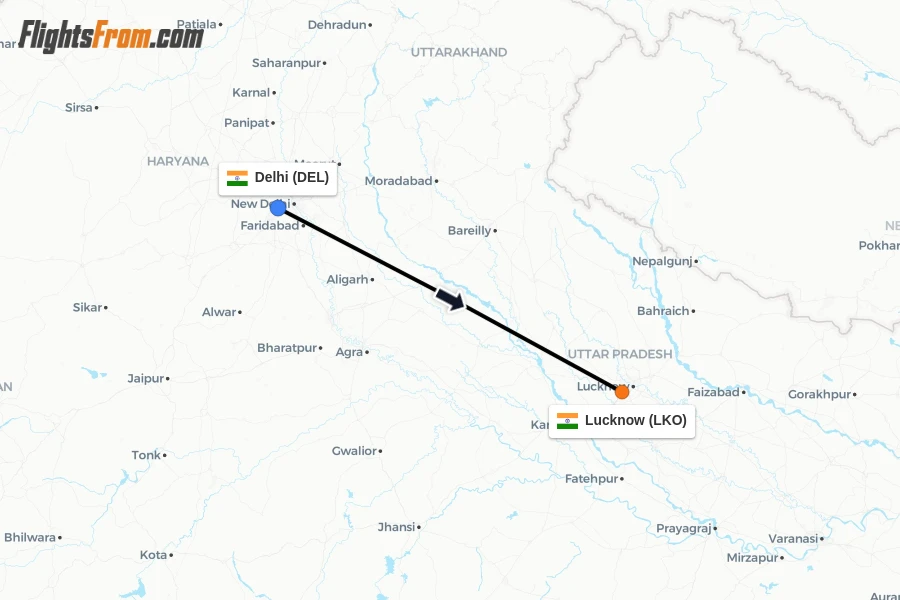 Flights from Delhi to Lucknow route map