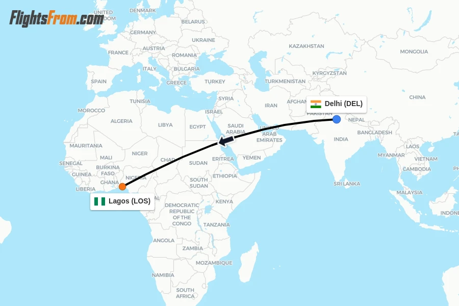Flights from Delhi to Lagos route map