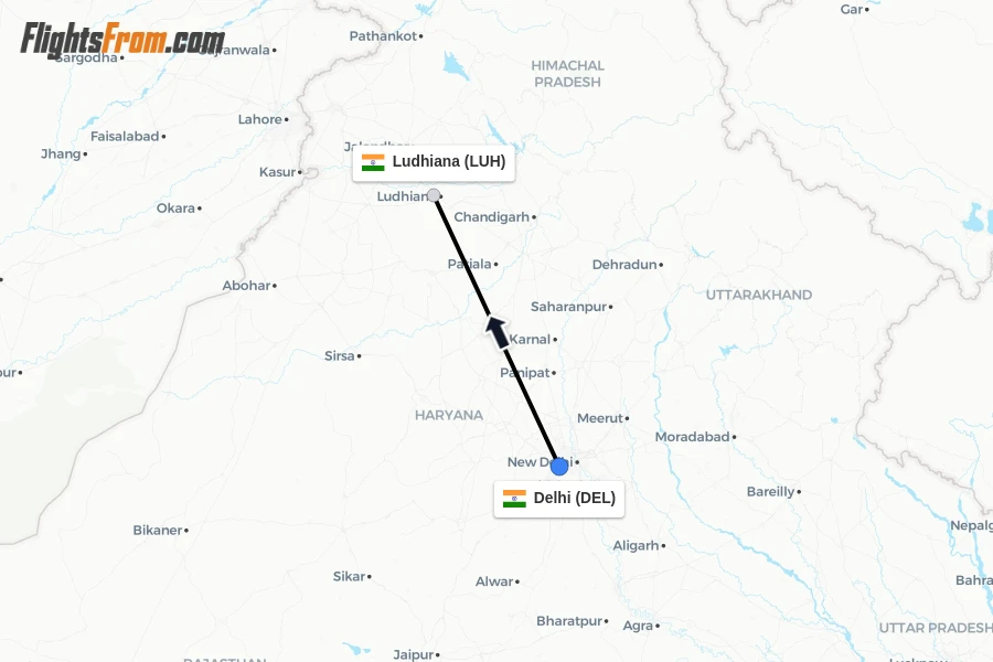 Flights from Delhi to Ludhiana route map