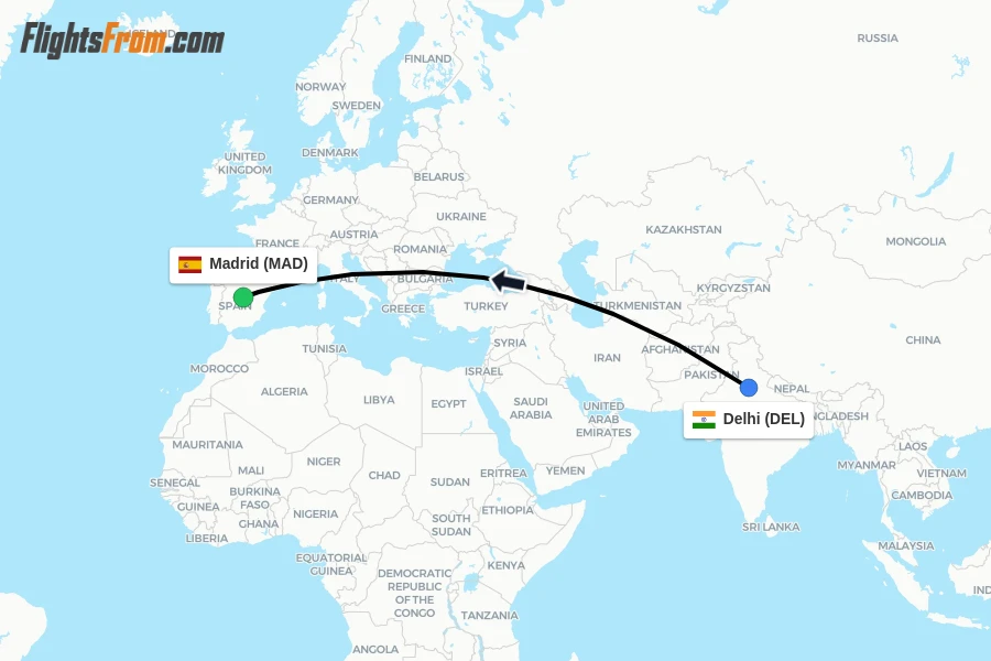 Flights from Delhi to Madrid route map