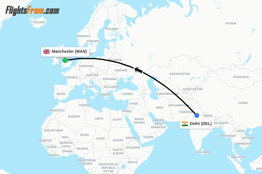 Flights from Delhi to Manchester route map