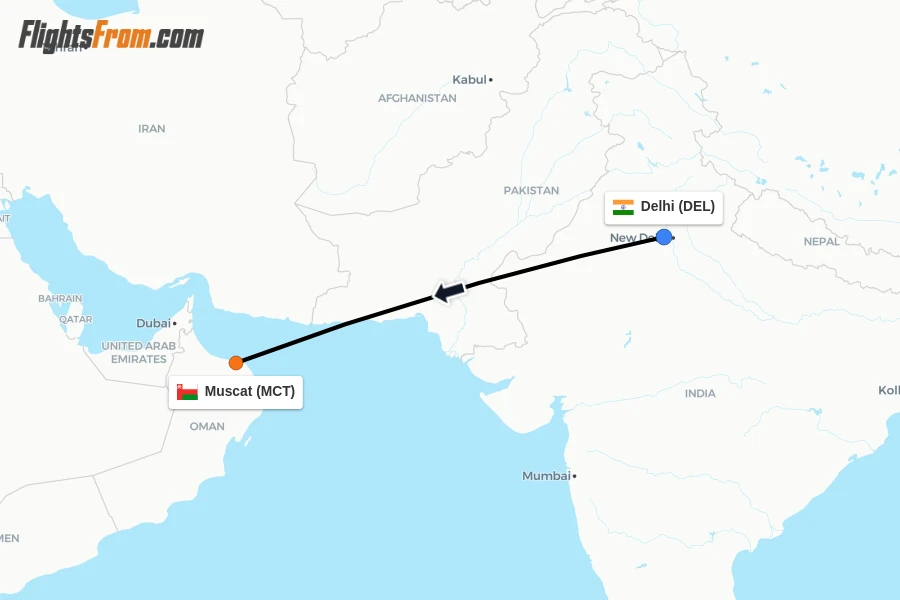 Flights from Delhi to Muscat route map
