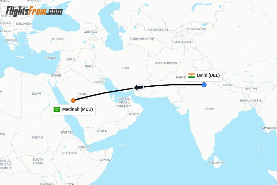 Flights from Delhi to Madinah route map