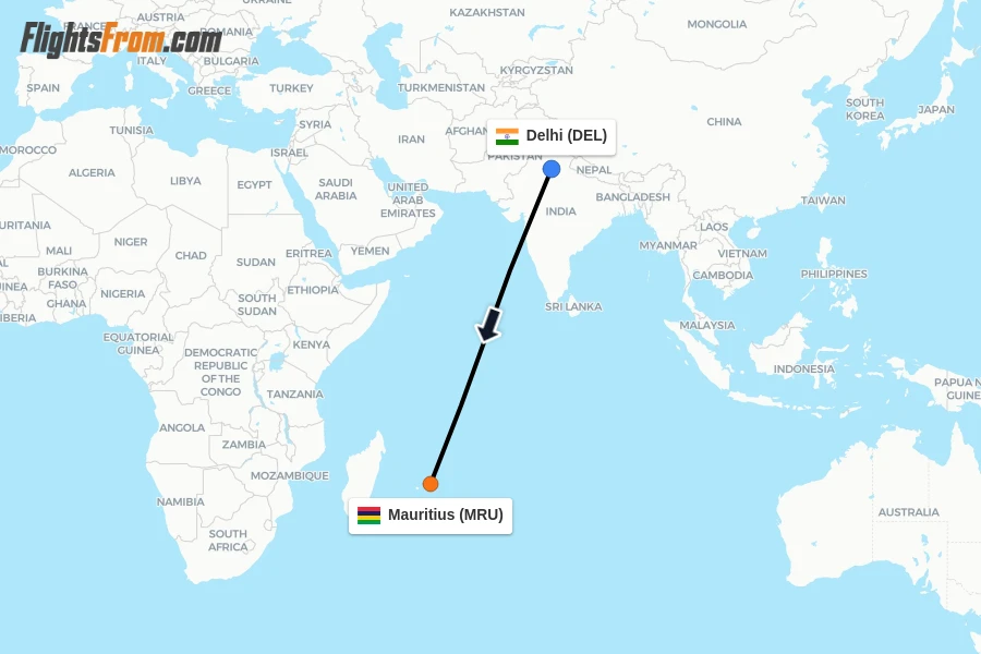 Flights from Delhi to Mauritius route map