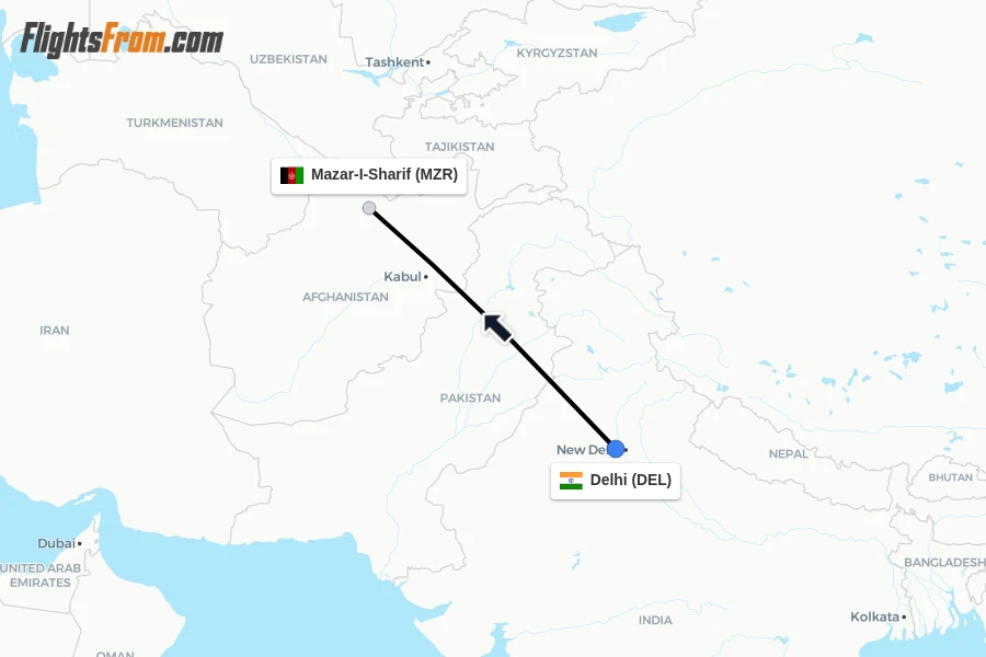 Flights from Delhi to Mazar-I-Sharif route map