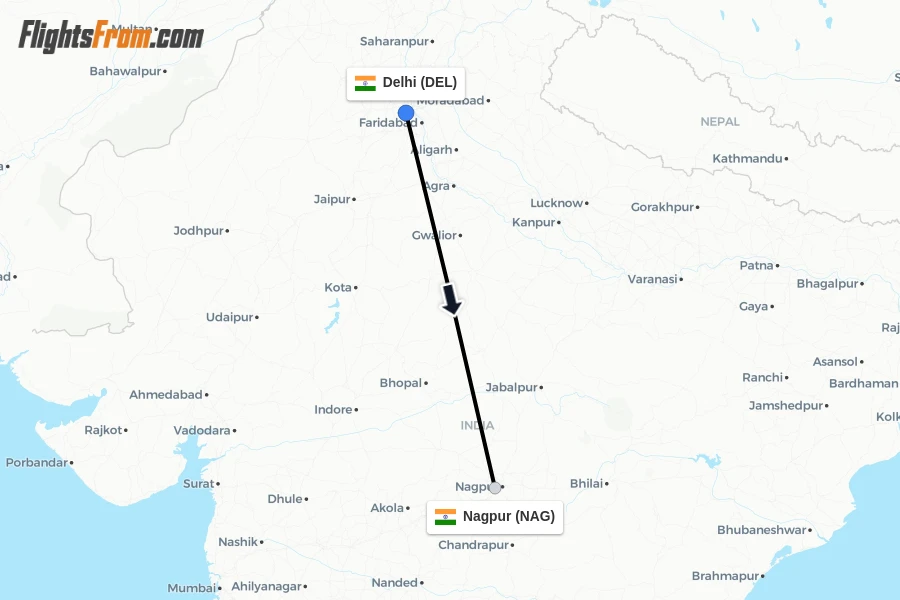 Flights from Delhi to Nagpur route map