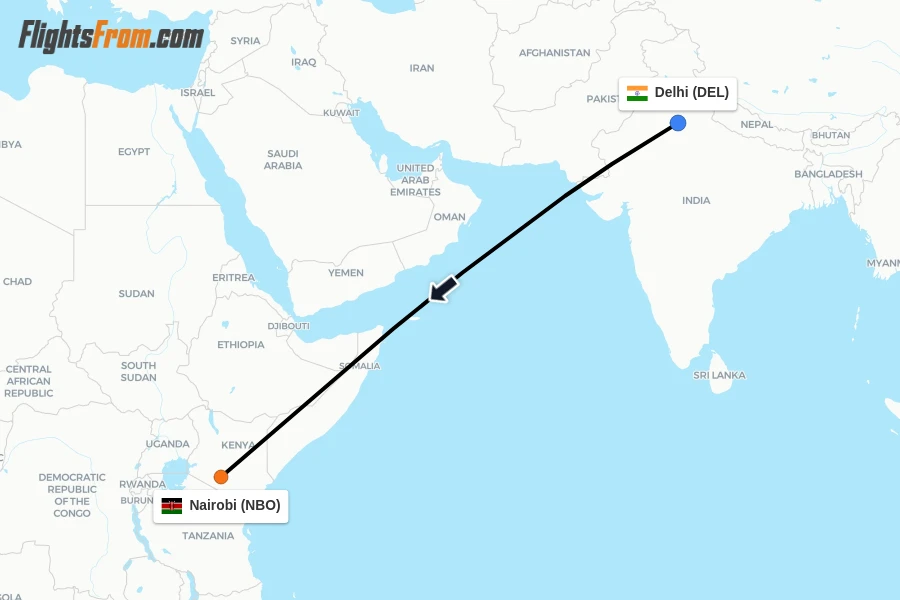 Flights from Delhi to Nairobi route map
