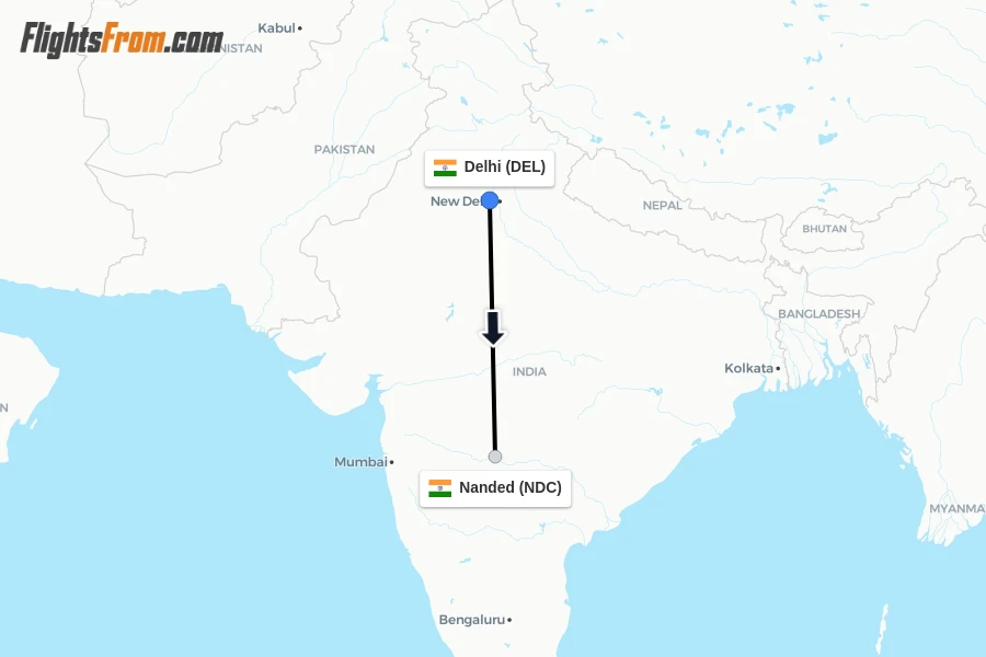 Flights from Delhi to Nanded route map
