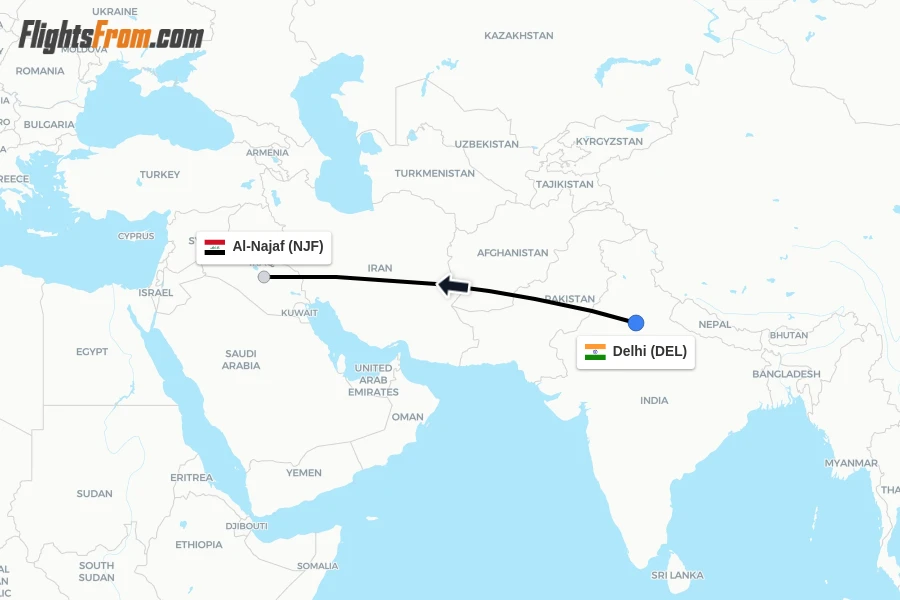 Flights from Delhi to Al-Najaf route map