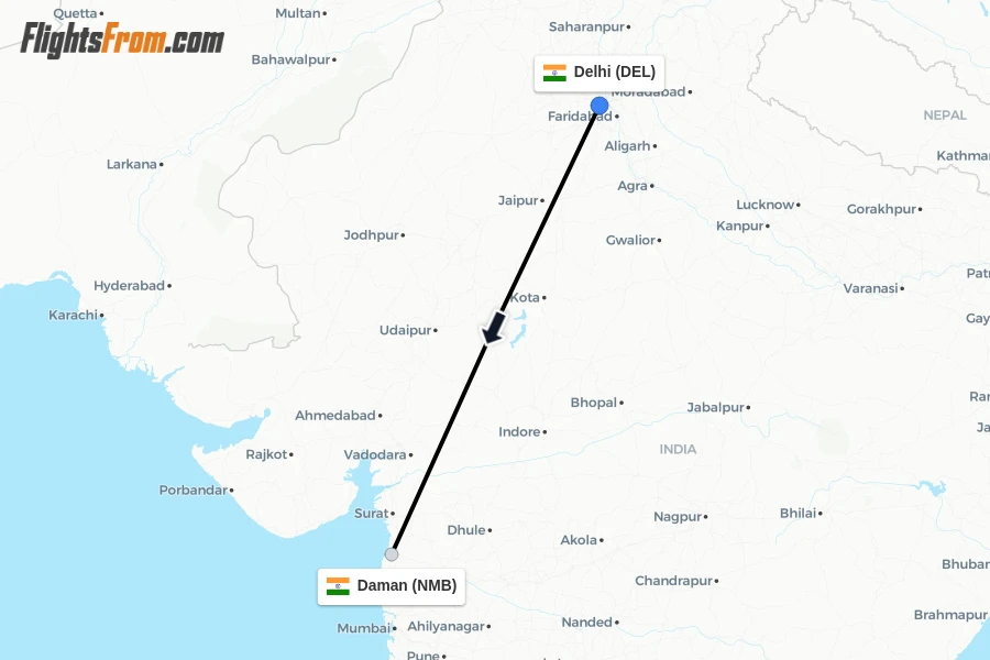 Flights from Delhi to Daman route map