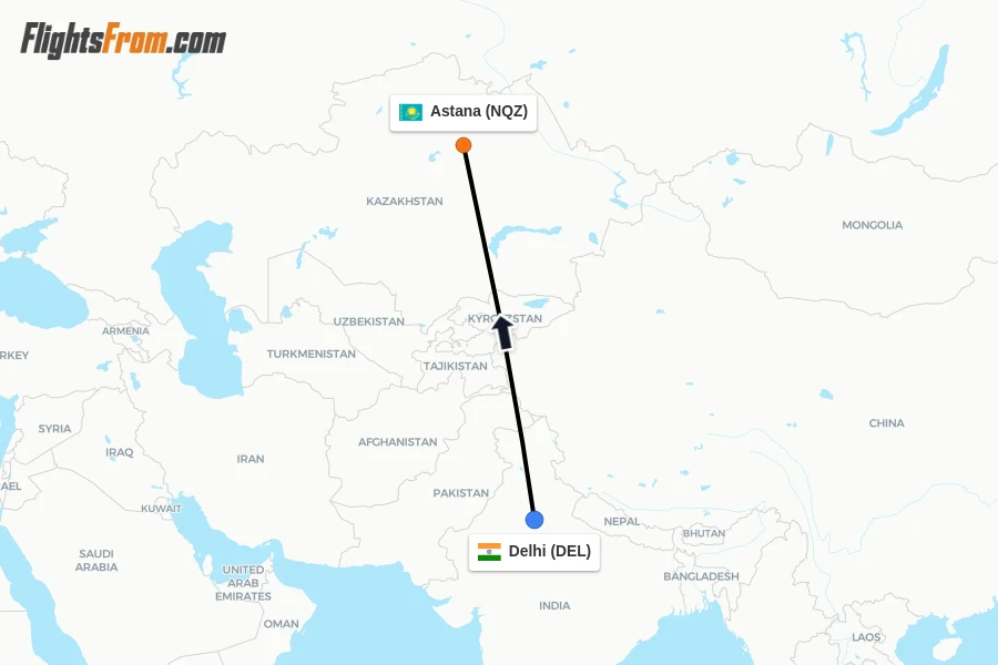 Flights from Delhi to Astana route map