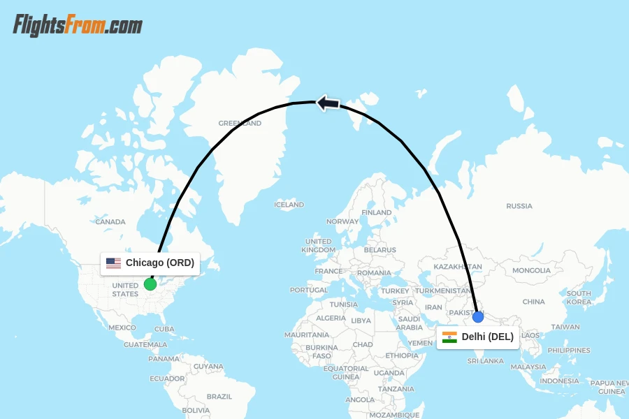 Flights from Delhi to Chicago route map
