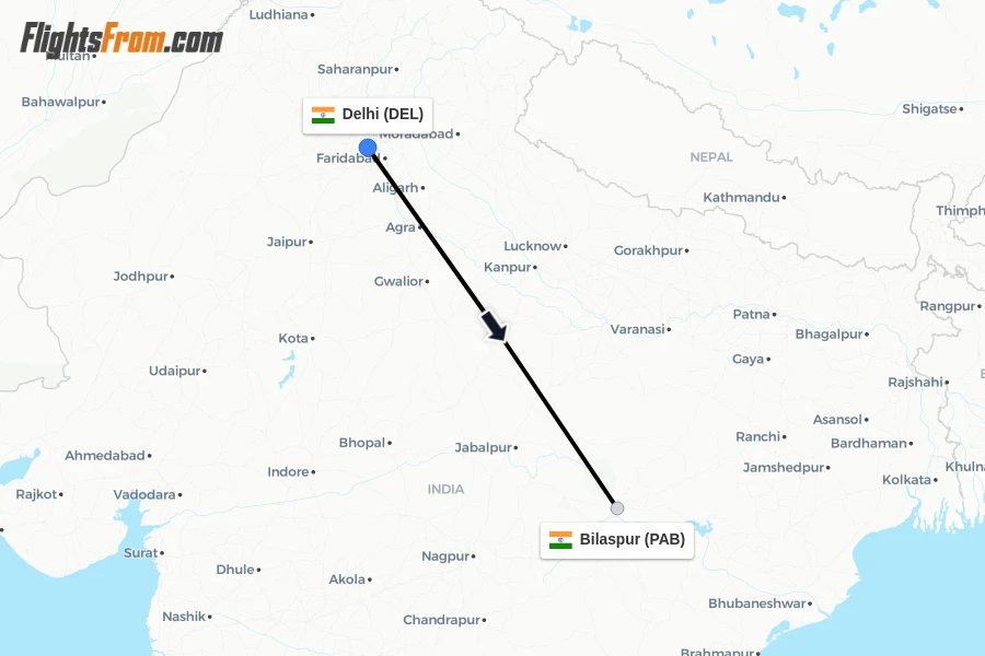 Flights from Delhi to Bilaspur route map