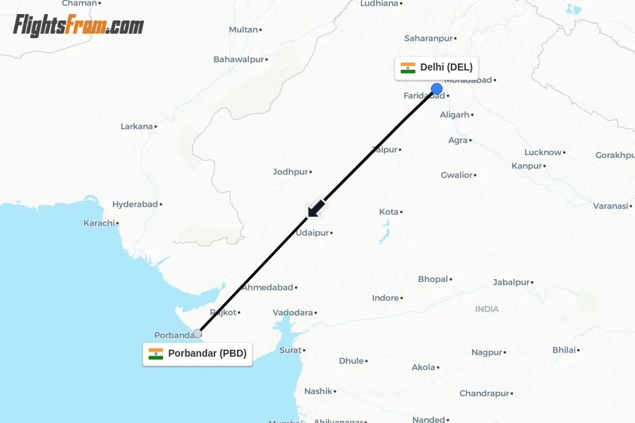 Flights from Delhi to Porbandar route map