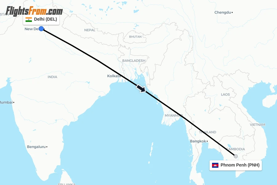 Flights from Delhi to Phnom Penh route map