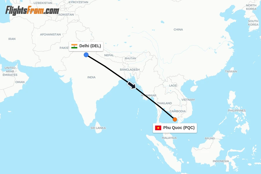 Flights from Delhi to Phu Quoc route map
