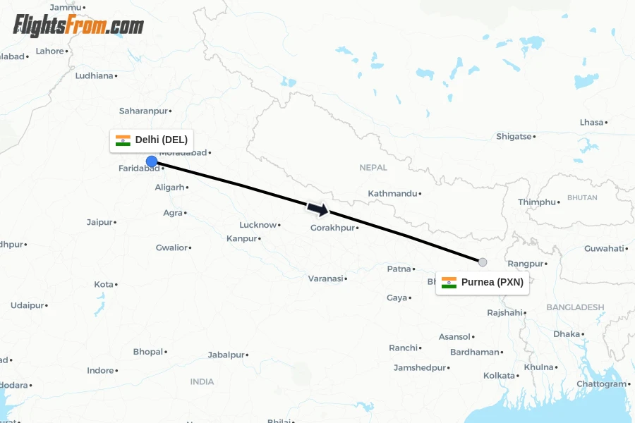 Flights from Delhi to Purnea route map