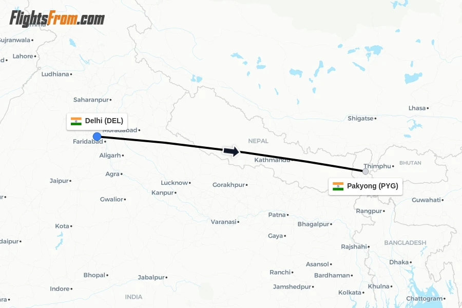 Flights from Delhi to Pakyong route map
