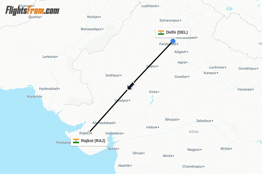 Flights from Delhi to Rajkot route map