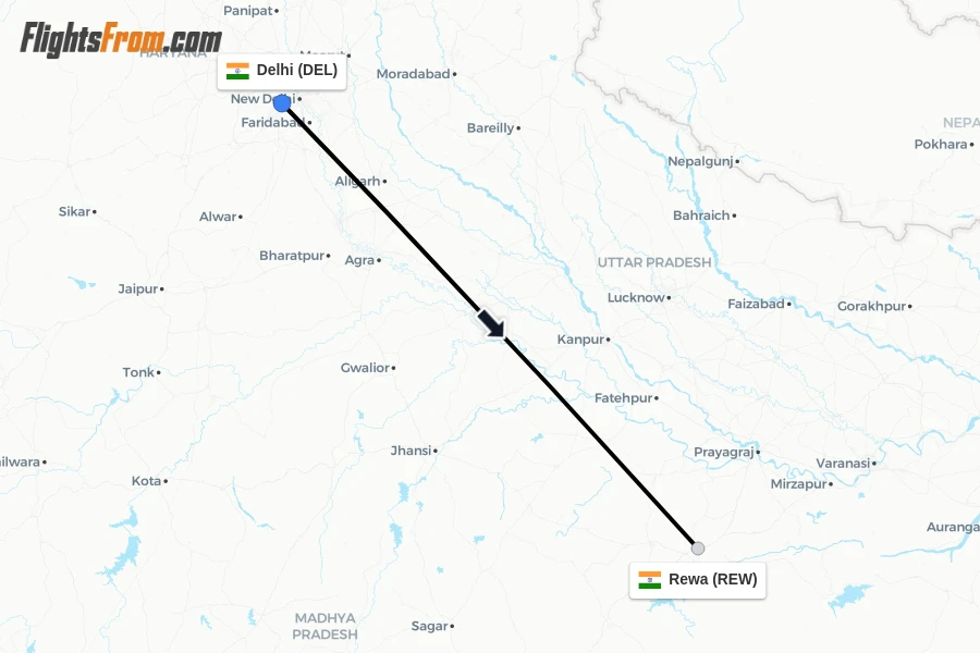 Flights from Delhi to Rewa route map