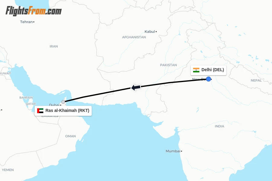 Flights from Delhi to Ras al-Khaimah route map