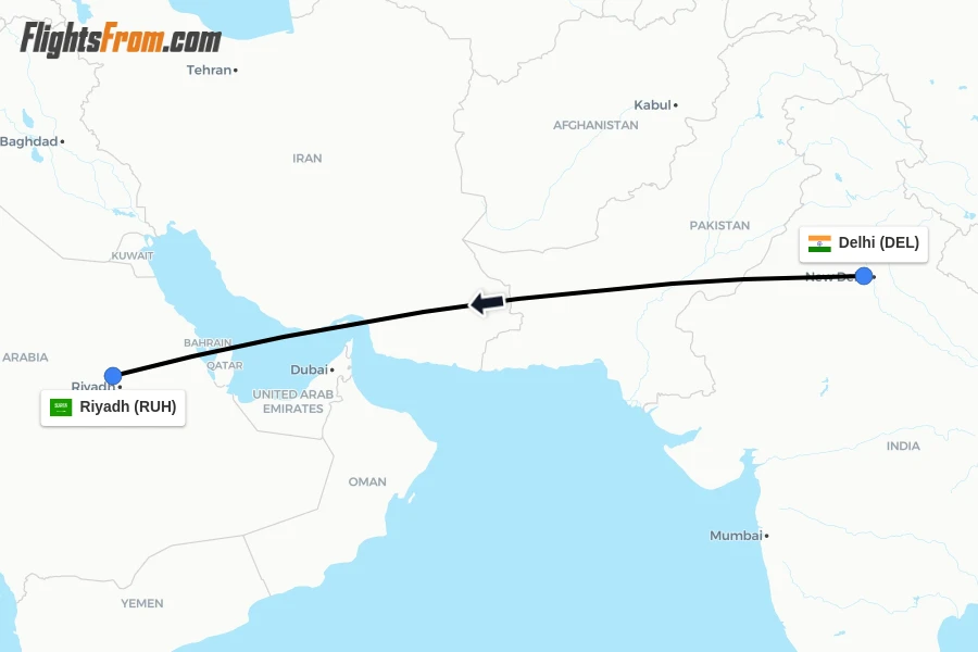 Flights from Delhi to Riyadh route map