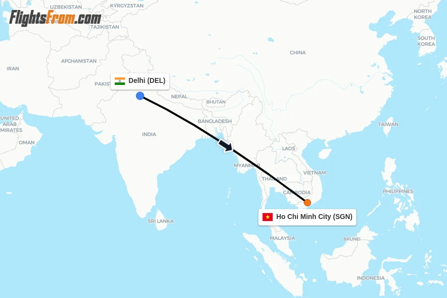 Flights from Delhi to Ho Chi Minh City route map