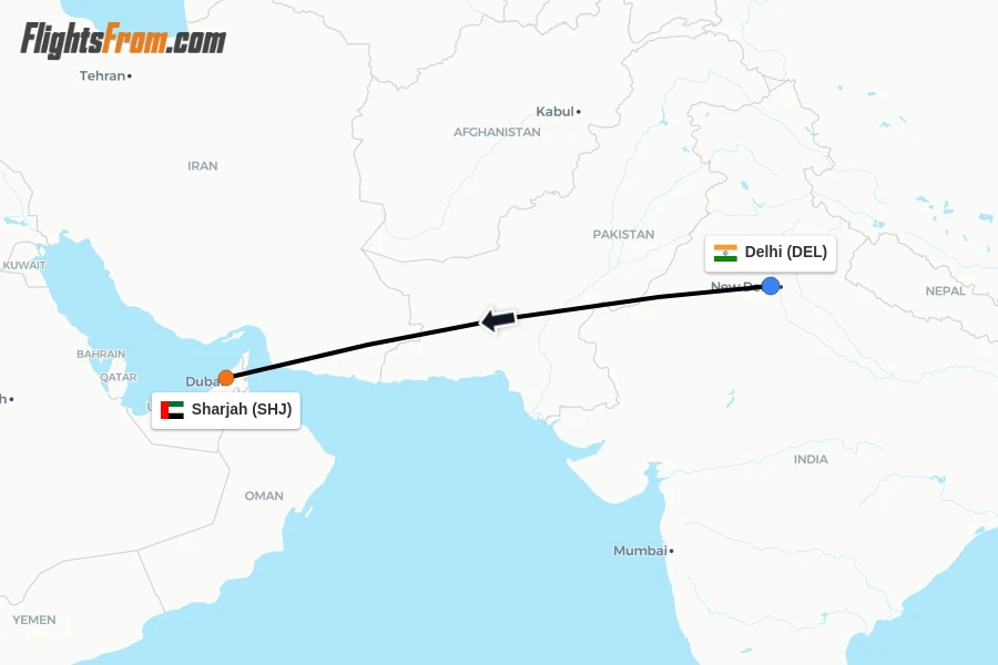 Flights from Delhi to Sharjah route map