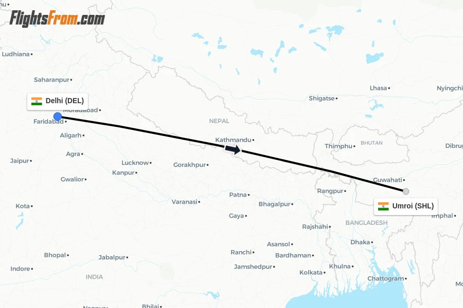 Flights from Delhi to Umroi route map
