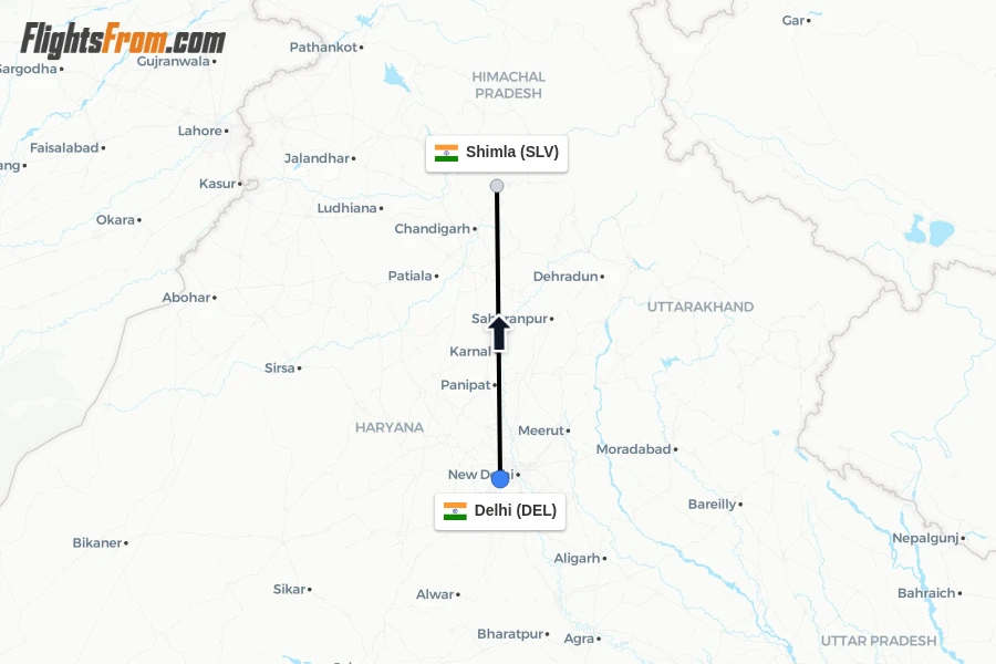 Flights from Delhi to Shimla route map
