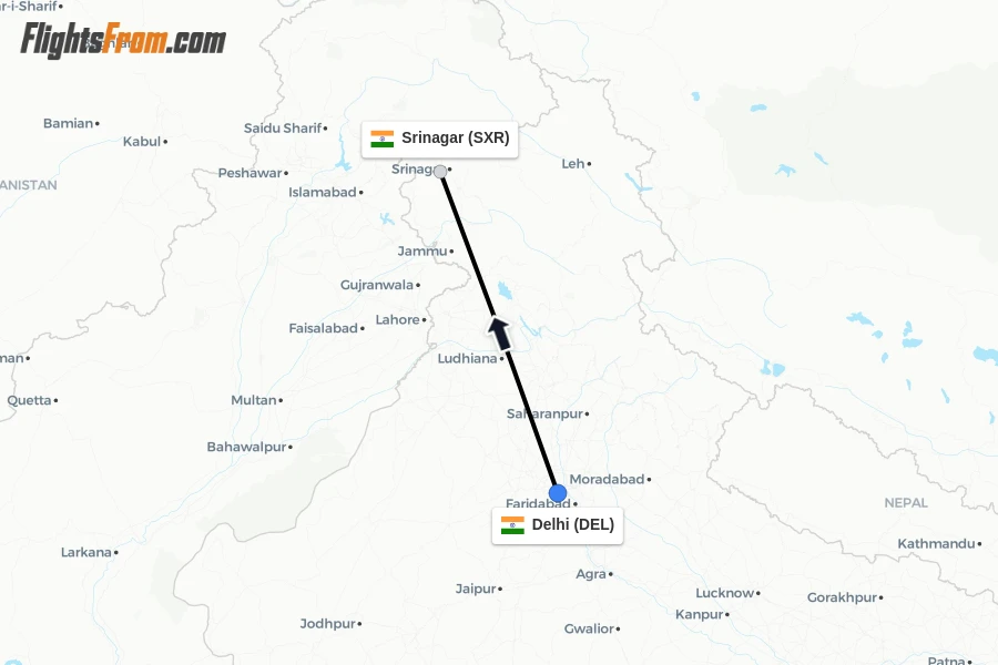 Flights from Delhi to Srinagar route map