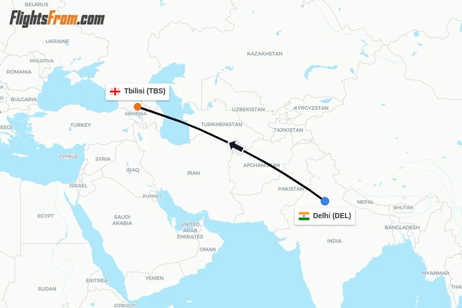Flights from Delhi to Tbilisi route map