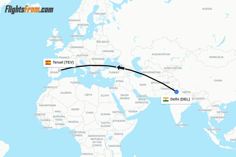 Flights from Delhi to Teruel route map