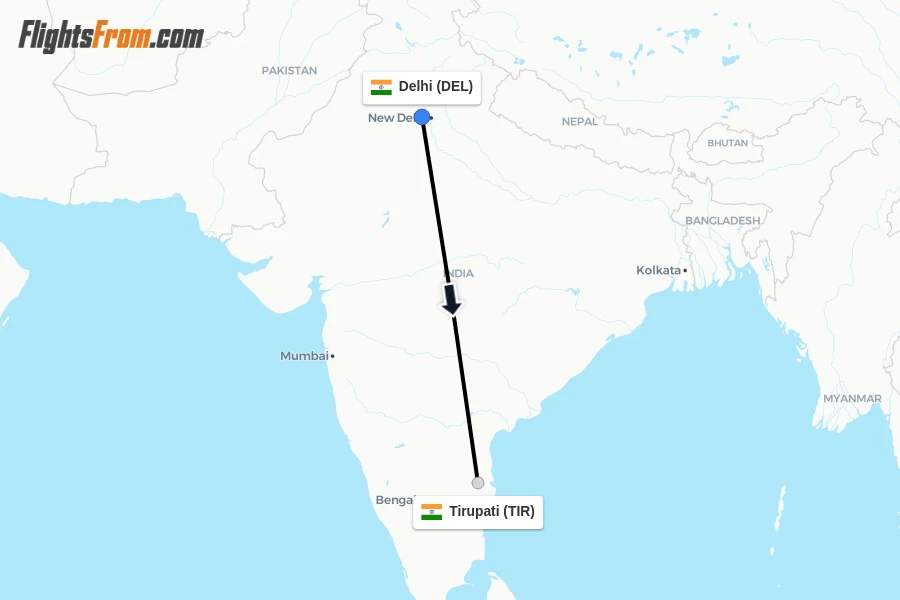 Flights from Delhi to Tirupati route map