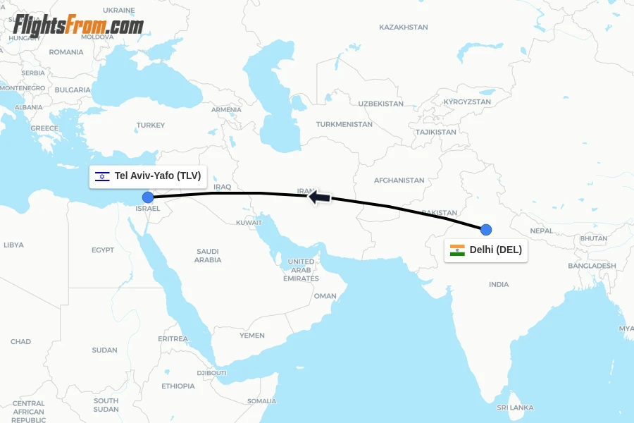 Flights from Delhi to Tel Aviv-Yafo route map