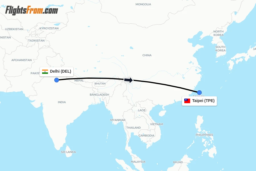 Flights from Delhi to Taipei route map