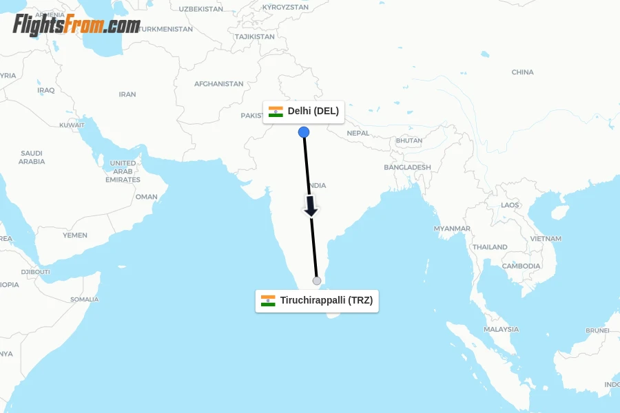 Flights from Delhi to Tiruchirappalli route map