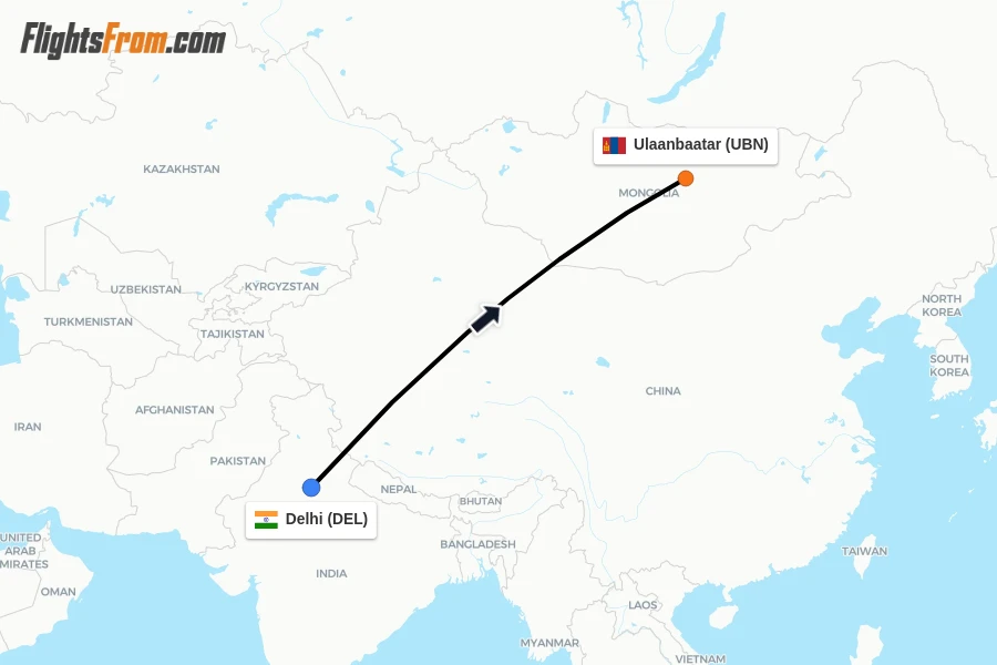 Flights from Delhi to Ulaanbaatar route map