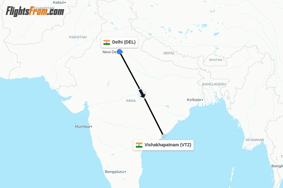 Flights from Delhi to Vishakhapatnam route map