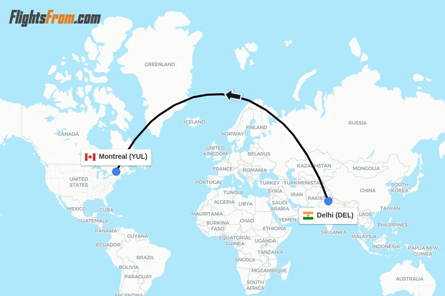 Flights from Delhi to Montreal route map