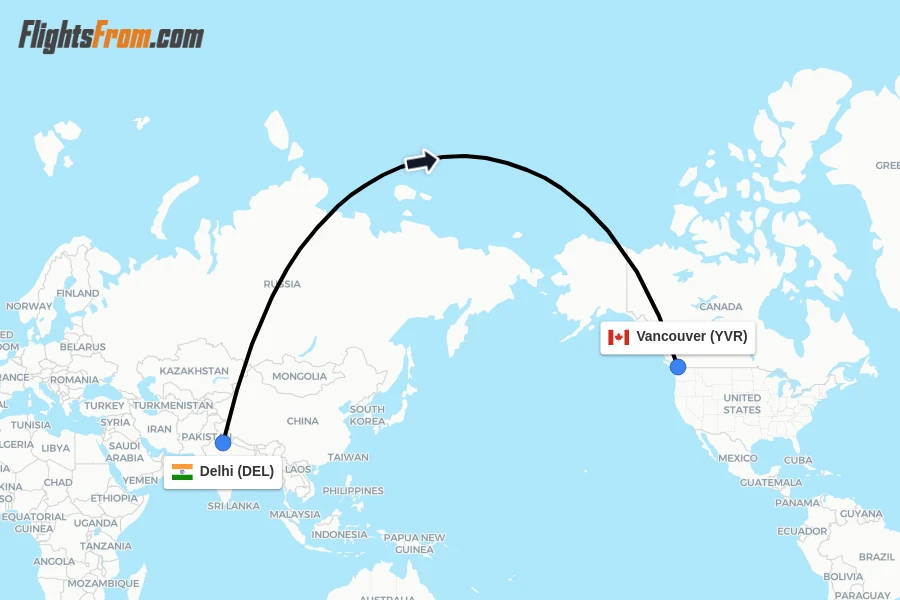 Flights from Delhi to Vancouver route map