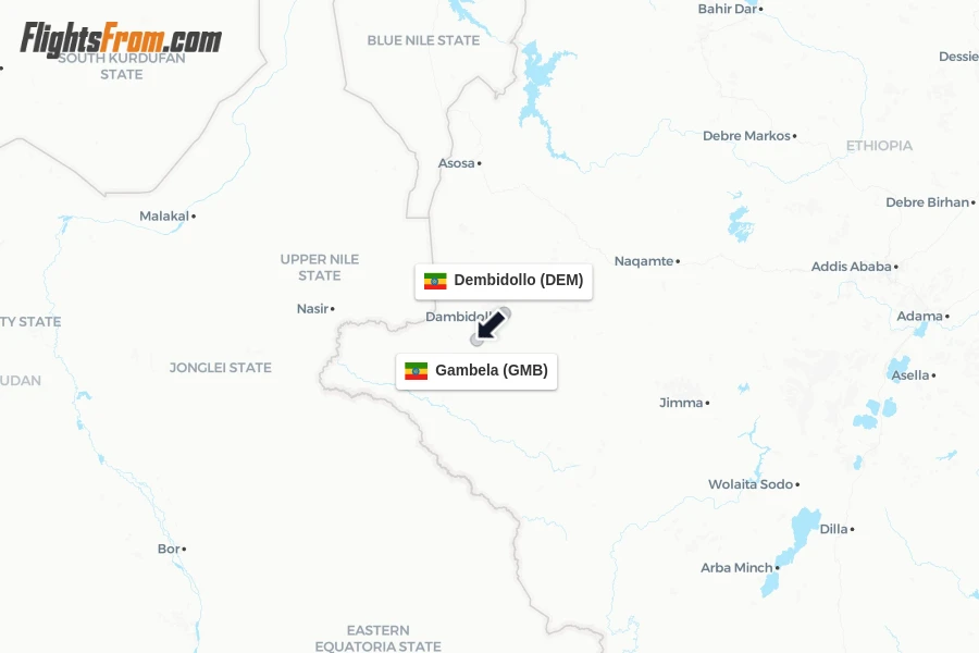 Flights from Dembidollo to Gambela route map