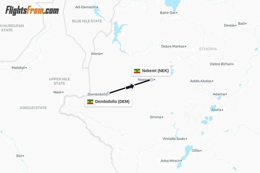 Flights from Dembidollo to Nekemt route map